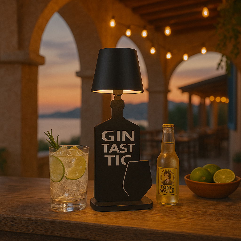 Fischer & Honsel Akku-Tischleuchte Stimmungsvolle Akku-Tischleuchte in Form einer Gin-Flasche mit der Aufschrift 'Gintastic', im Vordergrund ein Glas mit Gin Tonic und Limettenscheiben, im Hintergrund ein Sonnenuntergang auf einer Terrasse.
