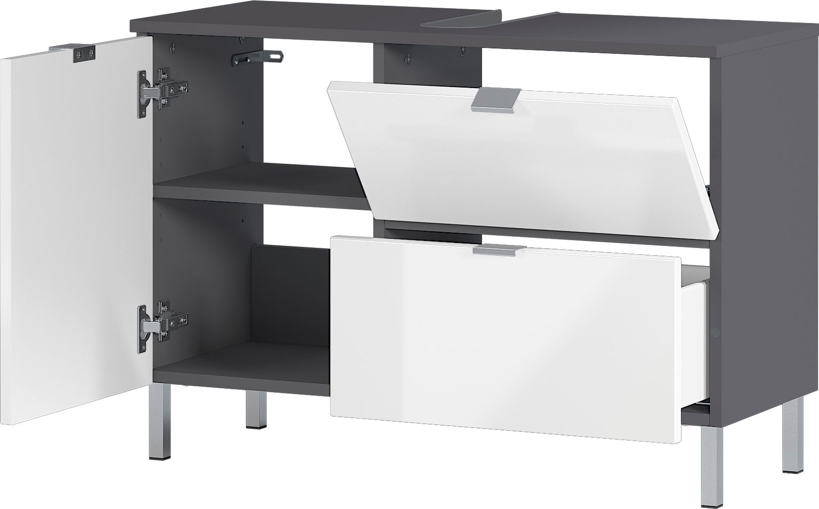 MID.YOU Waschtischunterschrank MAURESA Moderner Unterschrank mit grauem Korpus und weißen Türen, teilweise geöffnet, aus frontaler Perspektive.