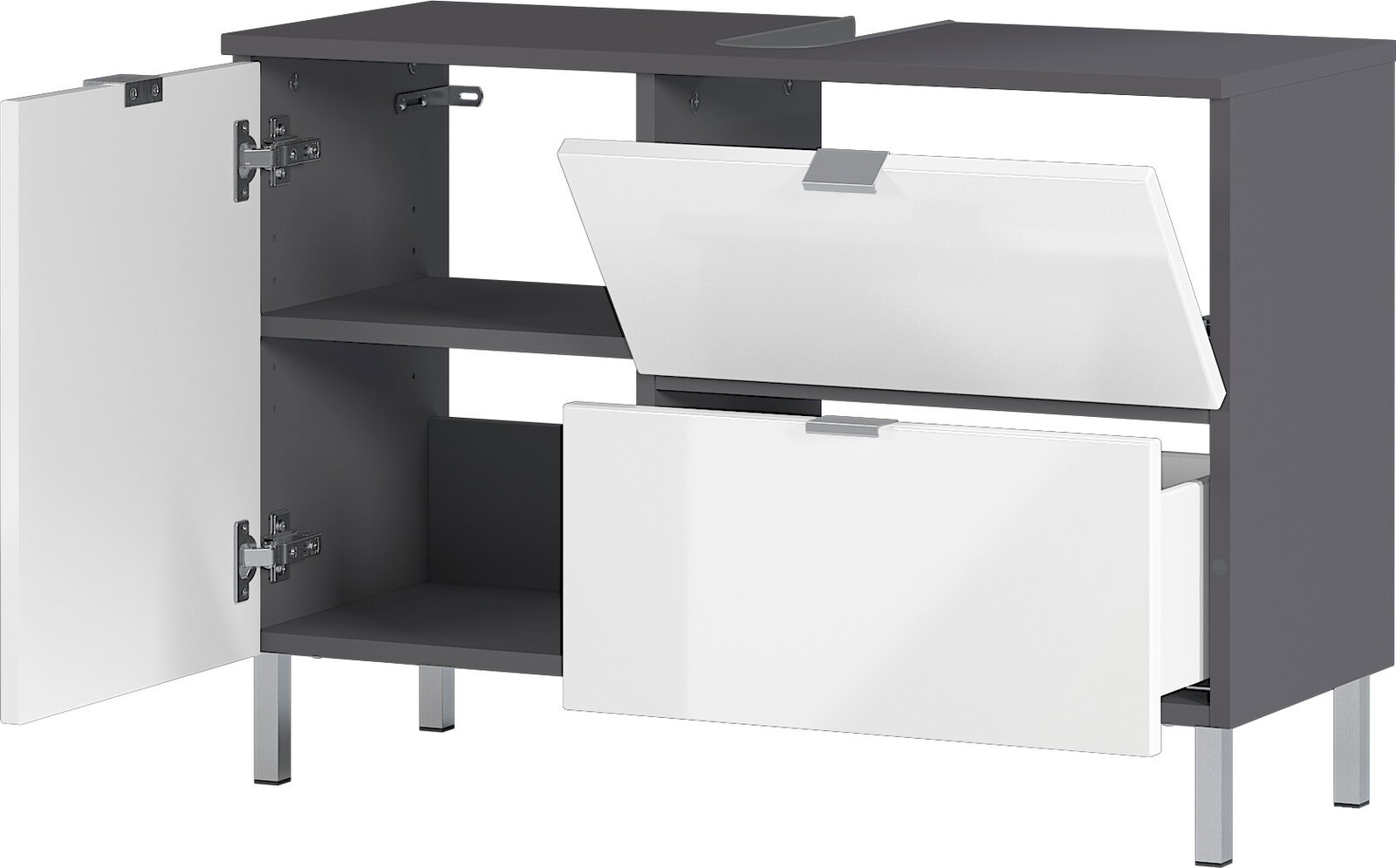 Moderner Unterschrank mit grauem Korpus und weißen Türen, teilweise geöffnet, aus frontaler Perspektive.