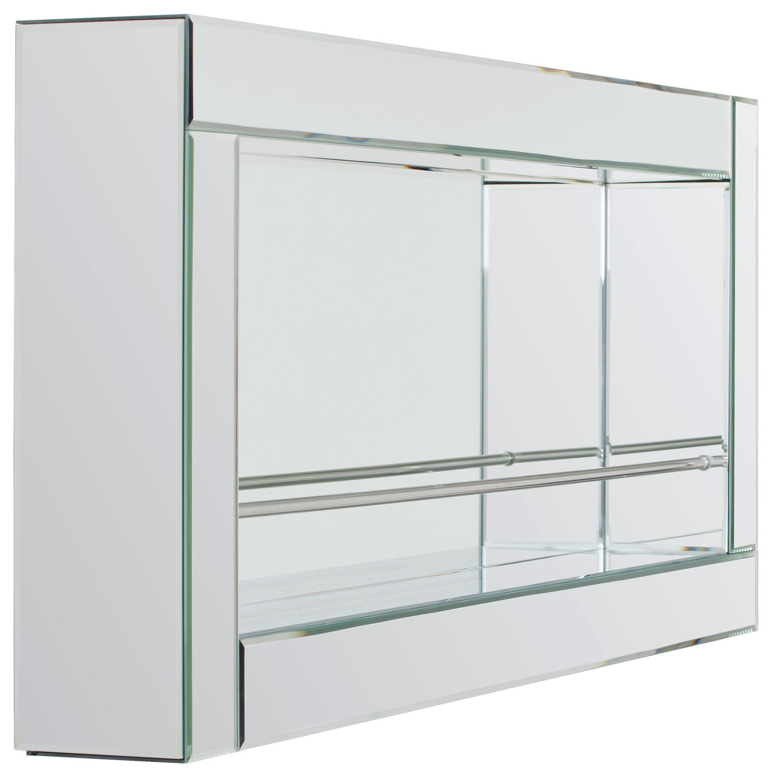 Modernes Wandregal aus Glas mit Metallstangen, seitliche Perspektive