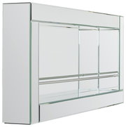 Modernes Wandregal aus Glas mit Metallstangen, seitliche Perspektive