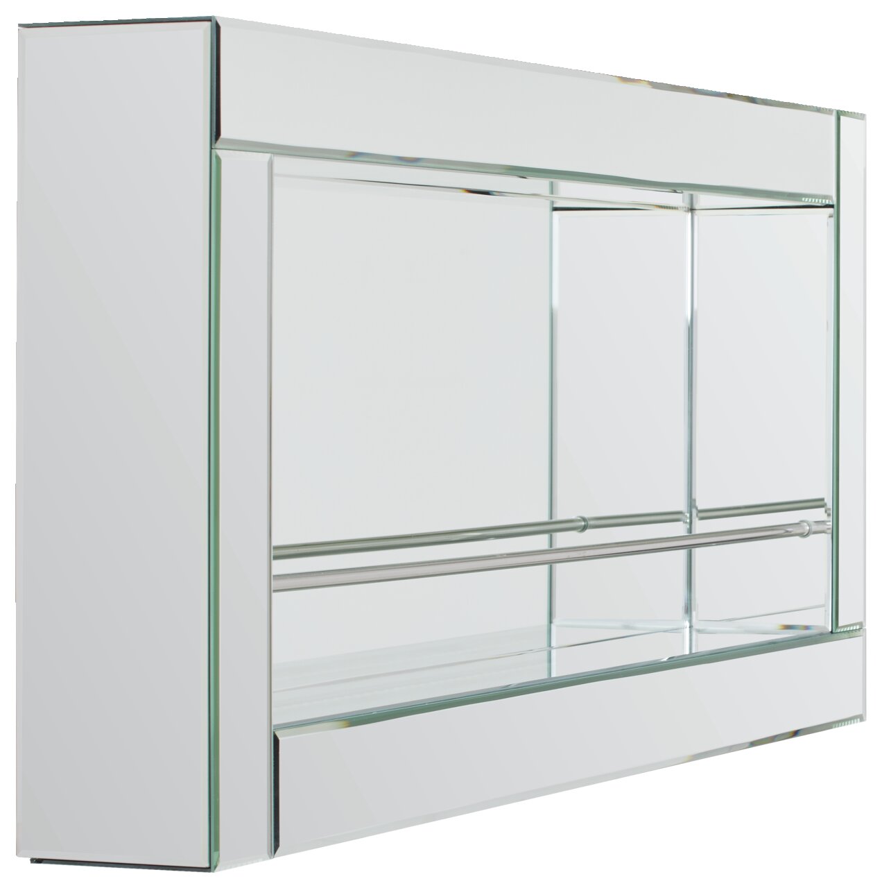 Modernes Wandregal aus Glas mit Metallstangen, seitliche Perspektive