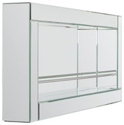 Modernes Wandregal aus Glas mit Metallstangen, seitliche Perspektive