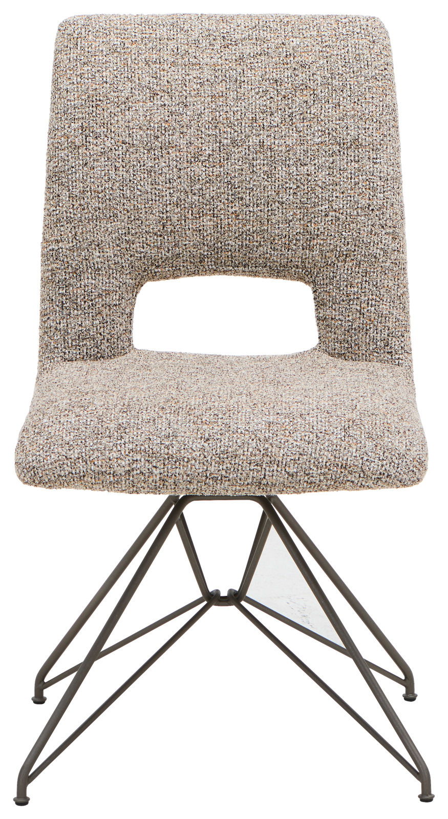 Moderner Stuhl mit gepolsterter Sitzfläche und Rückenlehne, Metallgestell, Frontalansicht