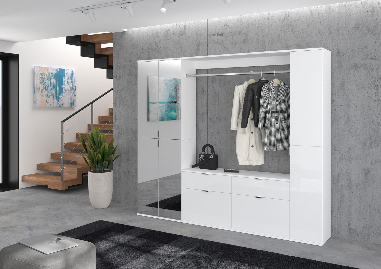 Moderner weißer Hochschrank in einem stilvollen Wohnzimmer, frontal betrachtet, mit integrierter Garderobe und Schubladen.