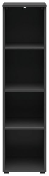 Schwarzes Regal mit vier offenen Fächern, frontale Ansicht