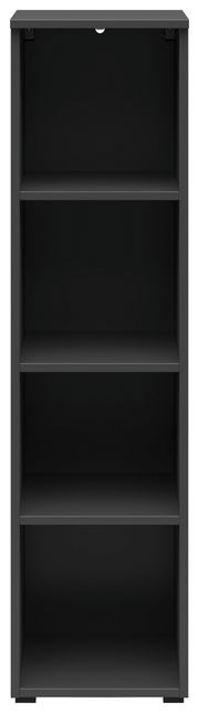 Schwarzes Regal mit vier offenen Fächern, frontale Ansicht