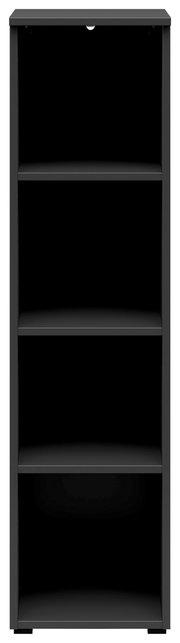 Schwarzes Regal mit vier offenen Fächern, frontale Ansicht