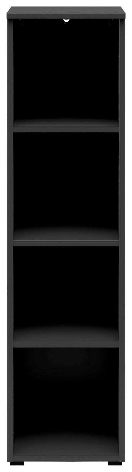 Schwarzes Regal mit vier offenen Fächern, frontale Ansicht