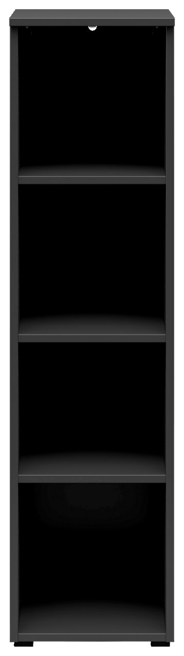 Schwarzes Regal mit vier offenen Fächern, frontale Ansicht