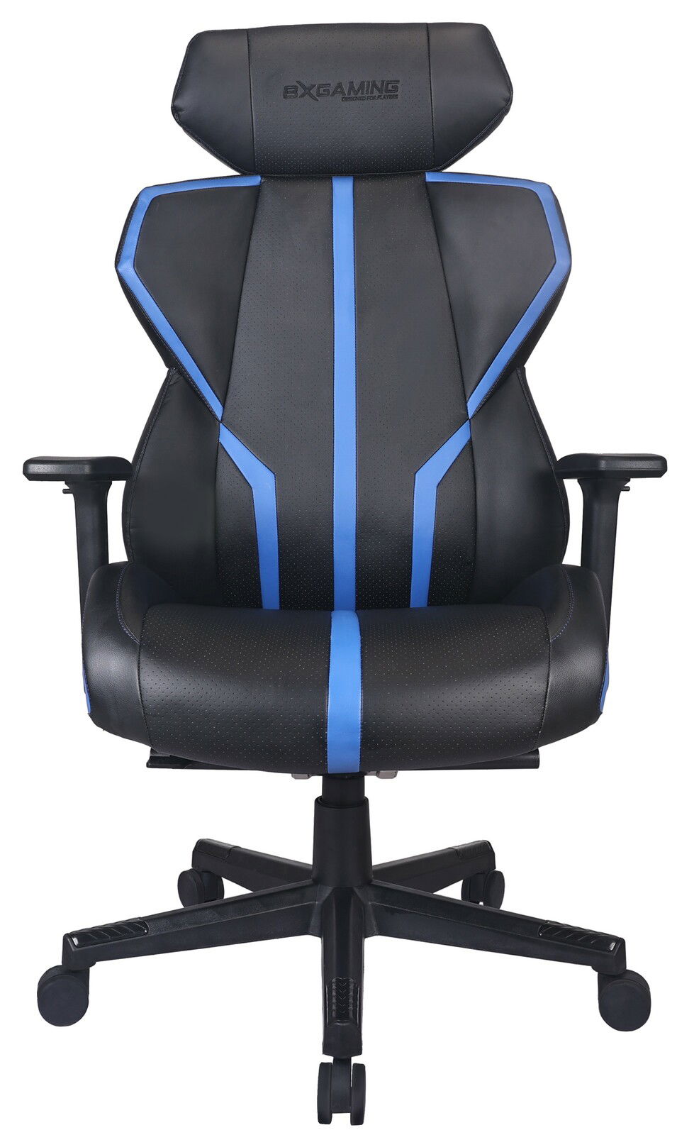 Gaming Stuhl BXGAMING GENIUS in Schwarz mit blauen Akzenten, Vorderansicht