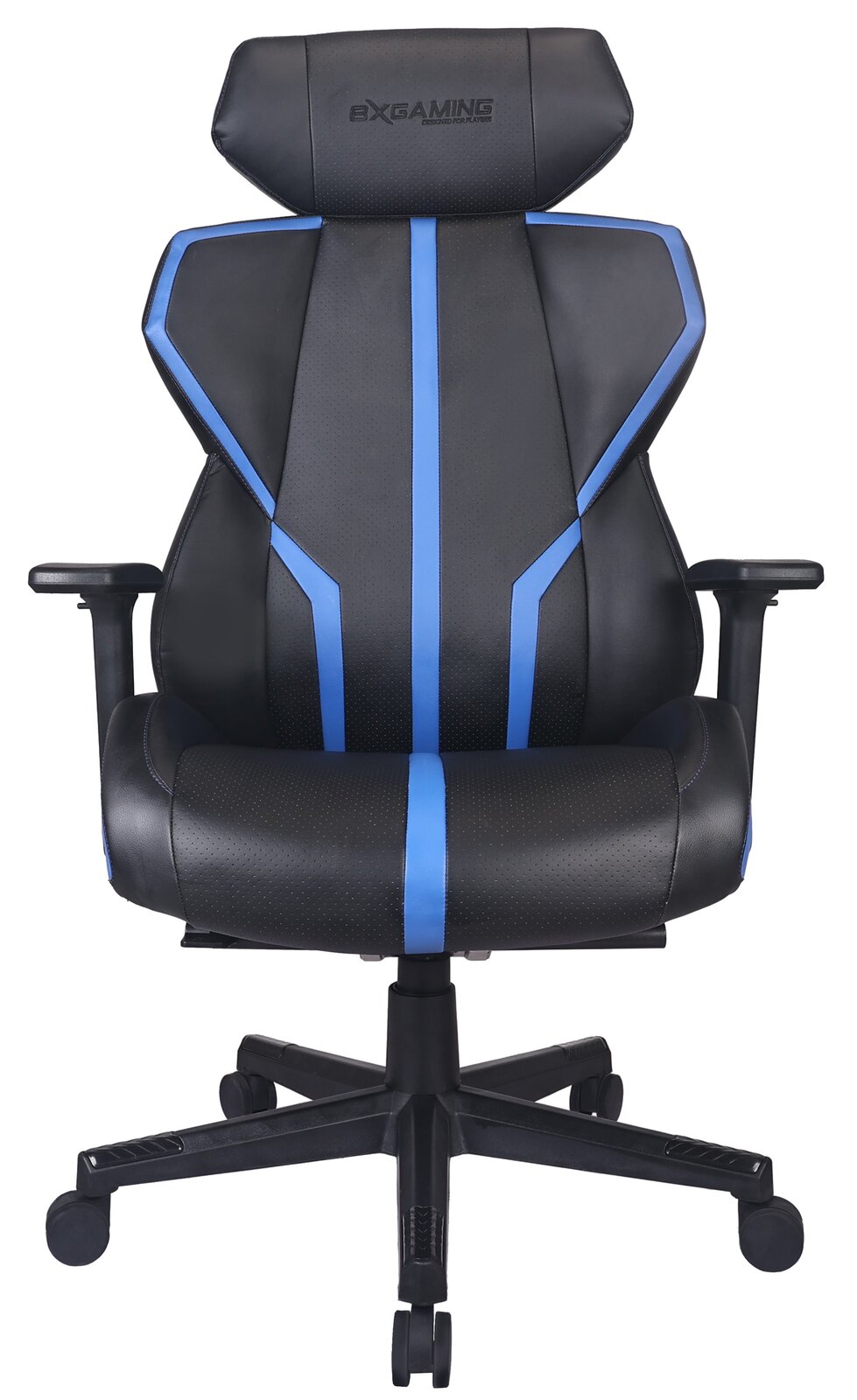 Gaming Stuhl BXGAMING GENIUS in Schwarz mit blauen Akzenten, Vorderansicht