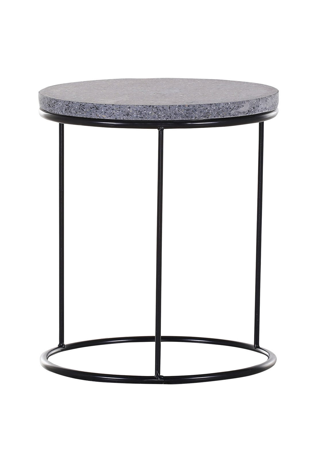 Runder Beistelltisch mit grauer Steinplatte und schwarzem Metallgestell, seitliche Perspektive