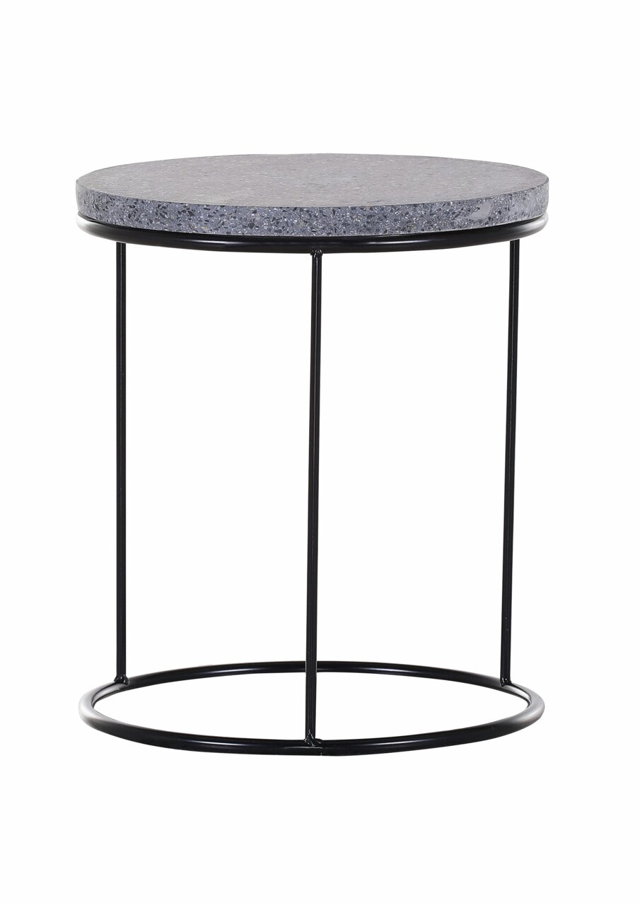 Runder Beistelltisch mit grauer Steinplatte und schwarzem Metallgestell, seitliche Perspektive