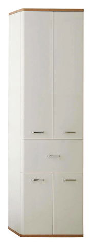 Hochschrank 53 cm in weiß mit Holzdetails, frontale Ansicht