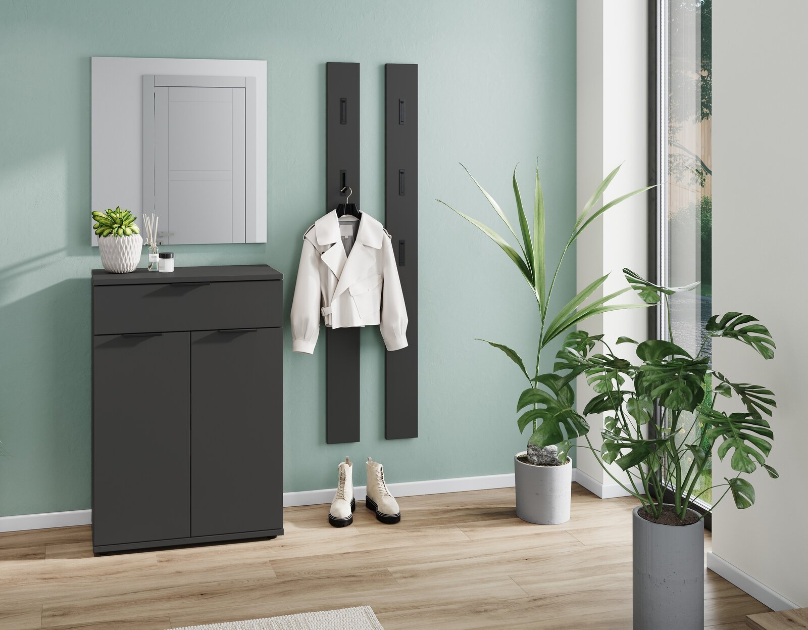 MID.YOU Spiegel FREMONT Moderner Spiegel in einem stilvollen Flur mit Pflanzen und Garderobe, Frontalansicht