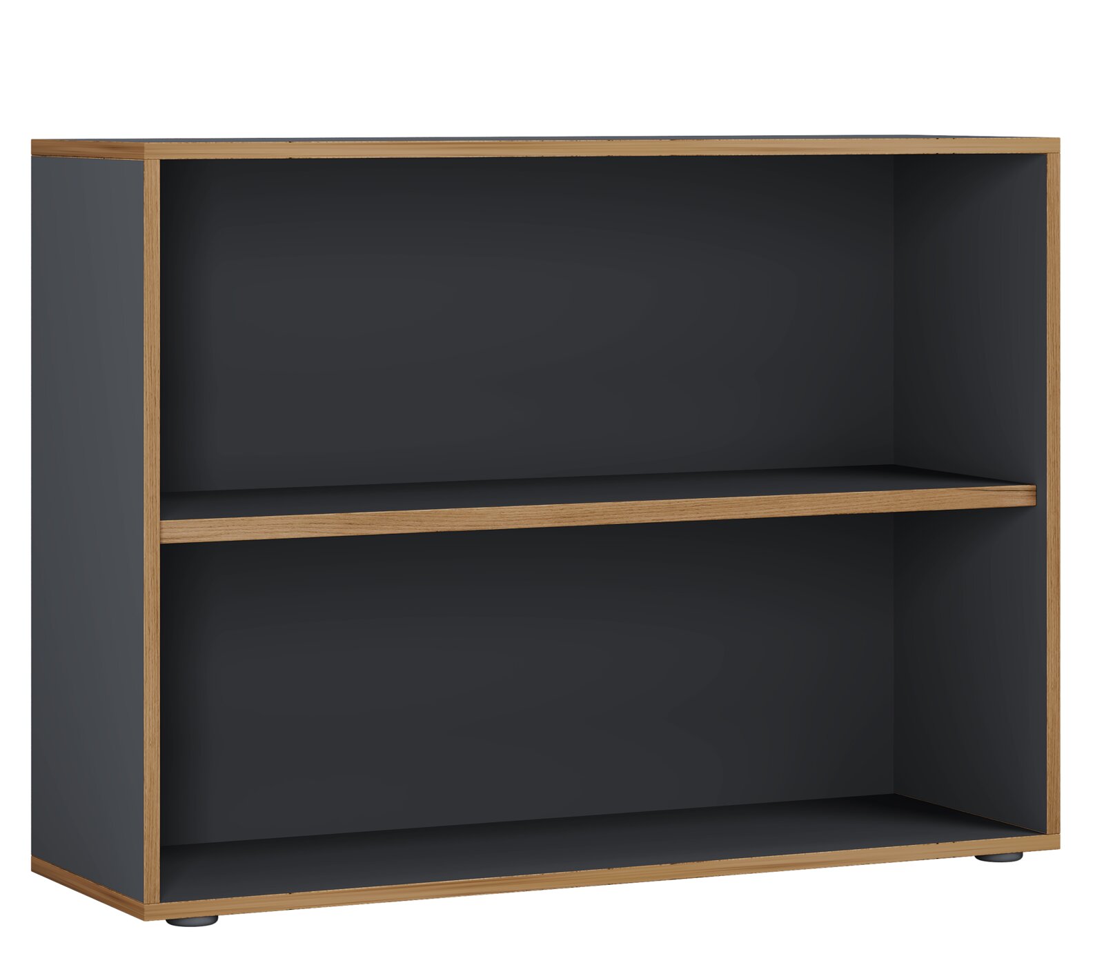 Offenes Regal/Sideboard in Anthrazit mit Holzrahmen und Zwischenboden, freistehend auf kleinen Füßen, Ansicht schräg von vorn