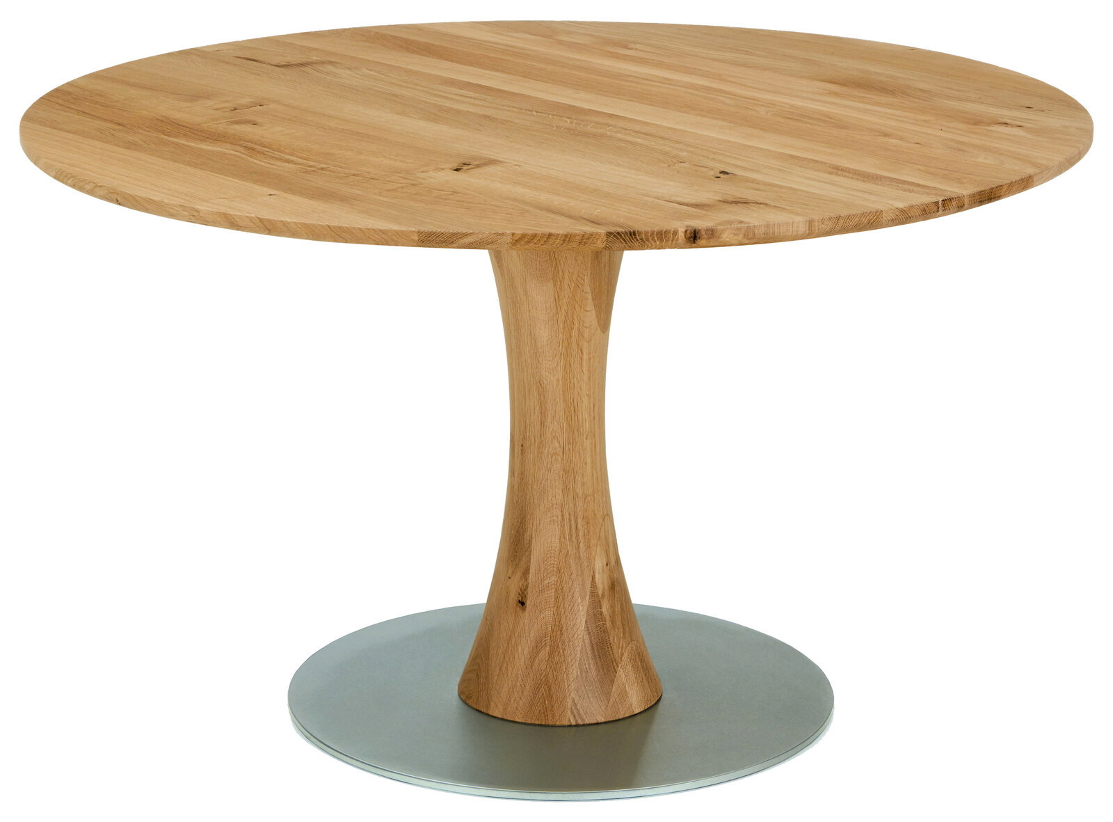 Runder Esstisch mit massiver Holzplatte und zentralem Holzsäulenfuß auf runder Metallbodenplatte, freigestellt auf weißem Hintergrund, Frontansicht in leichter Aufsicht