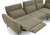 Eckgarnitur mit verstellbarer Rückenlehne und Fußstütze in beige-grauem Stoff, seitliche Perspektive