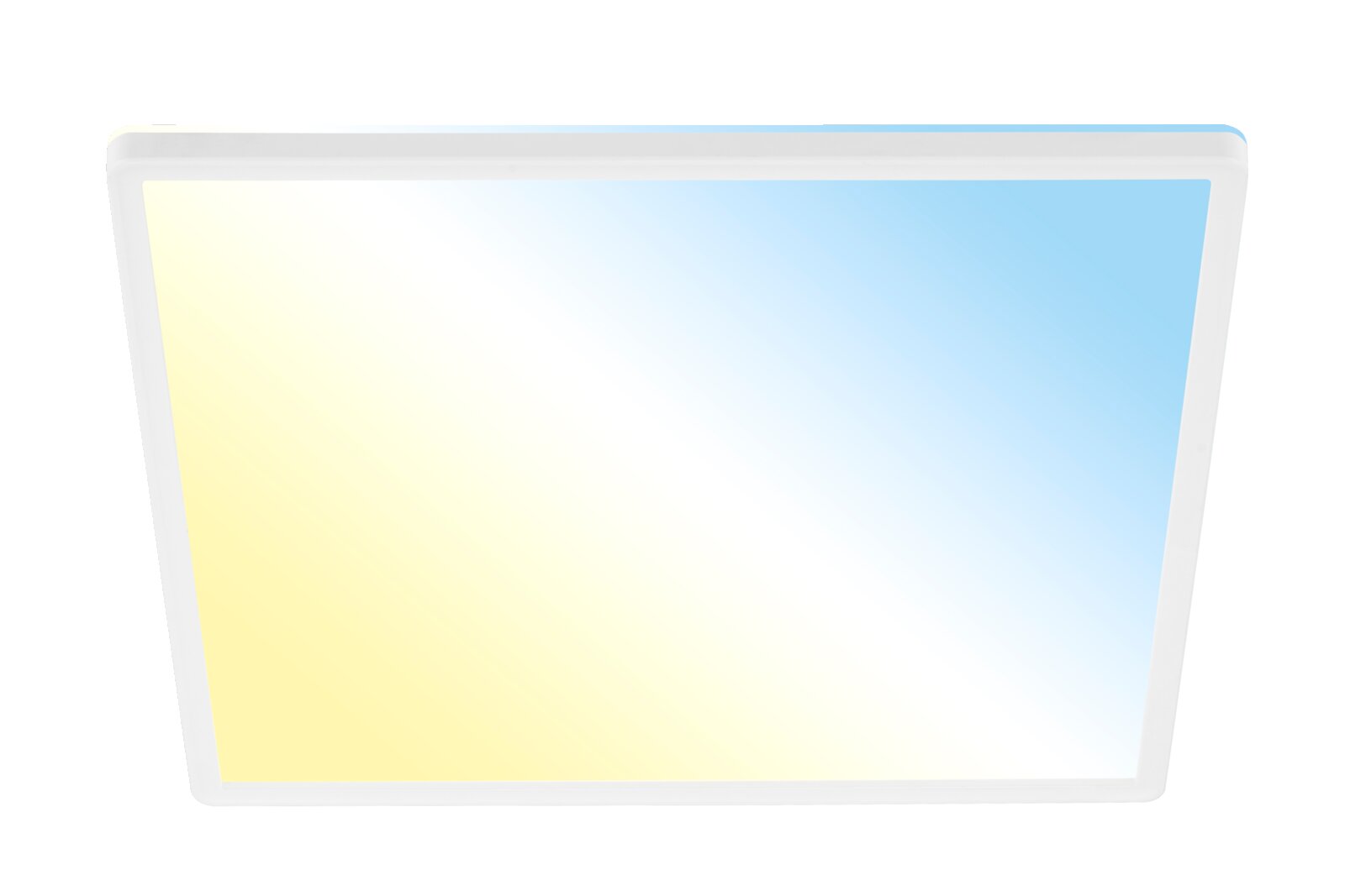 LED-Deckenleuchte mit sanftem Farbverlauf von Gelb zu Blau, Ansicht von unten.