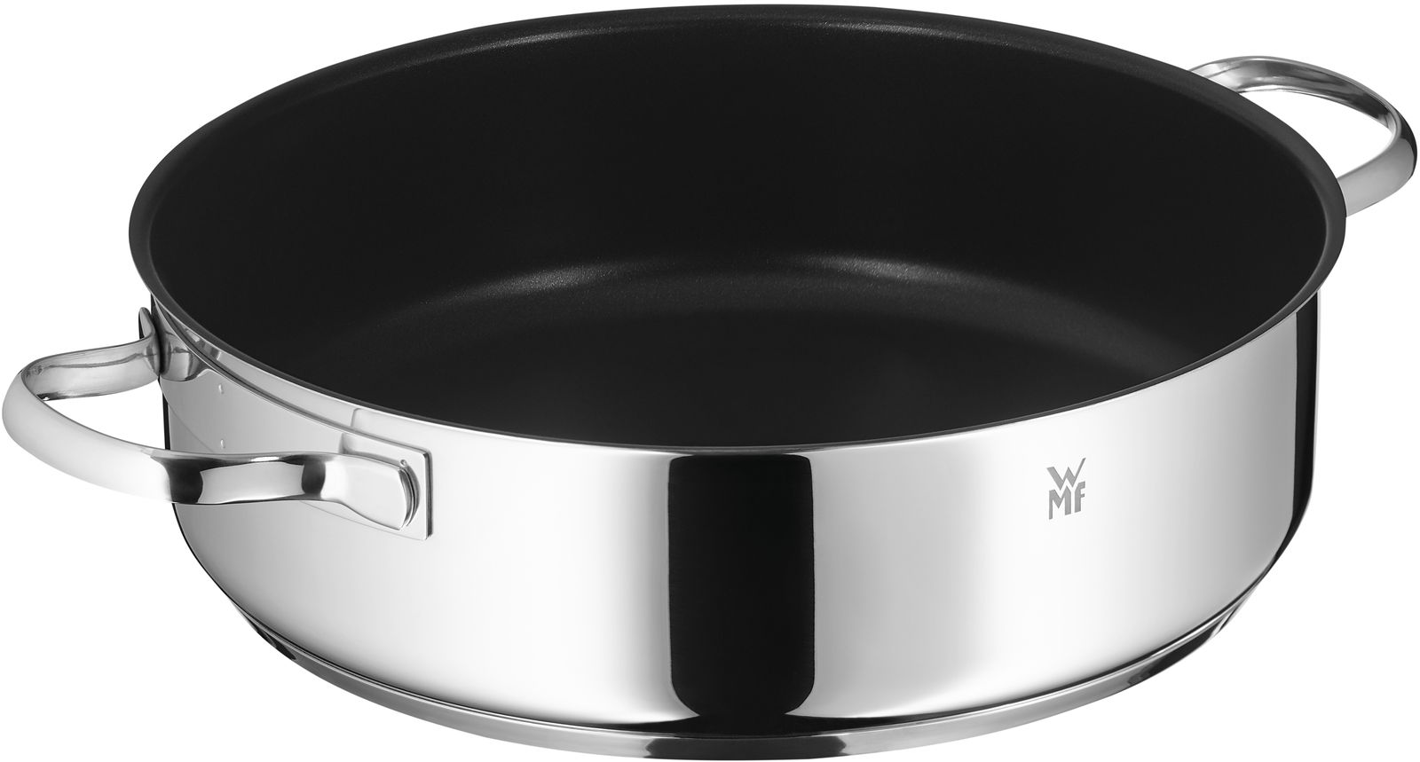 Servierschmorpfanne aus Edelstahl mit zwei Griffen, seitliche Perspektive