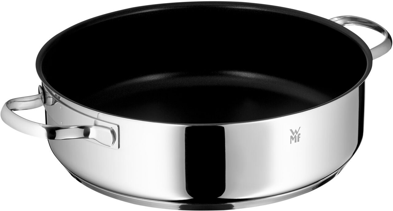 Servierschmorpfanne aus Edelstahl mit zwei Griffen, seitliche Perspektive