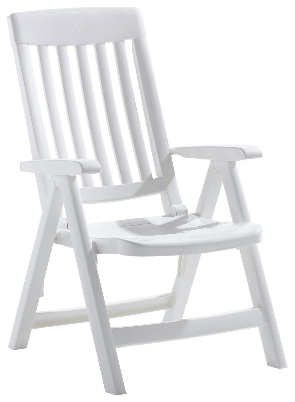 Weißer Klappsessel aus Kunststoff, seitliche Perspektive