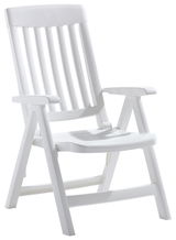 Weißer Klappsessel aus Kunststoff, seitliche Perspektive