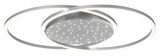 Moderne Deckenleuchte aus Stahl mit zwei ineinander verschlungenen LED-Ringen, seitliche Perspektive.