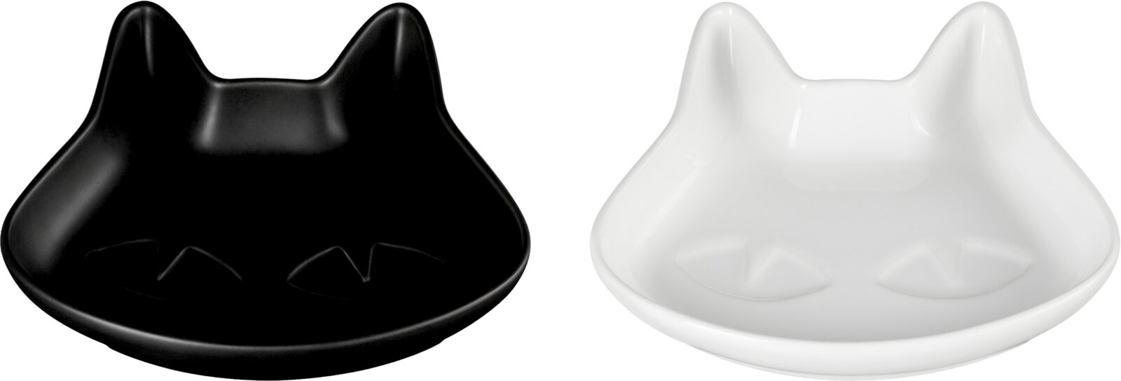 LE CREUSET Schälchen Katze 2-tlg. Zwei katzenförmige Schalen in Schwarz und Weiß mit Ohren und eingeprägten Augen, aus leicht erhöhter Frontalperspektive