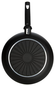 Pfanne von unten mit schwarzem Griff und runder, gerillter Bodenstruktur, Draufsicht.