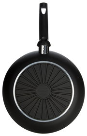 Pfanne von unten mit schwarzem Griff und runder, gerillter Bodenstruktur, Draufsicht.