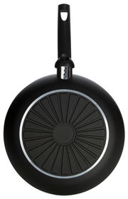 Pfanne von unten mit schwarzem Griff und runder, gerillter Bodenstruktur, Draufsicht.