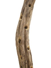 Nahaufnahme eines rustikalen Weinständers aus Holz mit mehreren Löchern, seitliche Perspektive