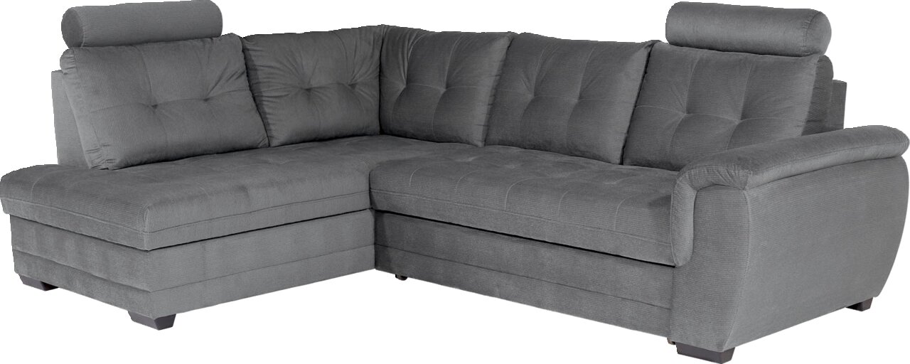 Graue Rundecke mit Kopfstützen, seitliche Perspektive