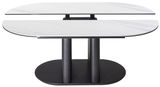 Moderner Couchtisch mit zwei ovalen, weißen Marmorplatten und schwarzem Sockel, seitliche Perspektive