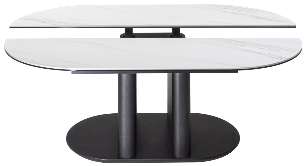 Moderner Couchtisch mit zwei ovalen, weißen Marmorplatten und schwarzem Sockel, seitliche Perspektive