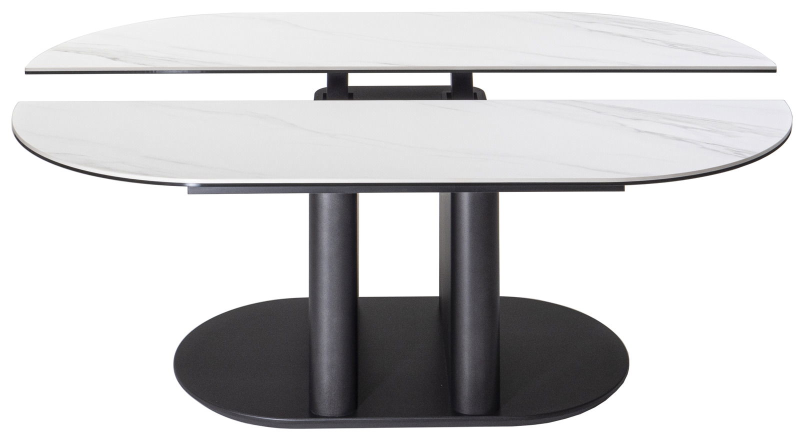 Moderner Couchtisch mit zwei ovalen, weißen Marmorplatten und schwarzem Sockel, seitliche Perspektive