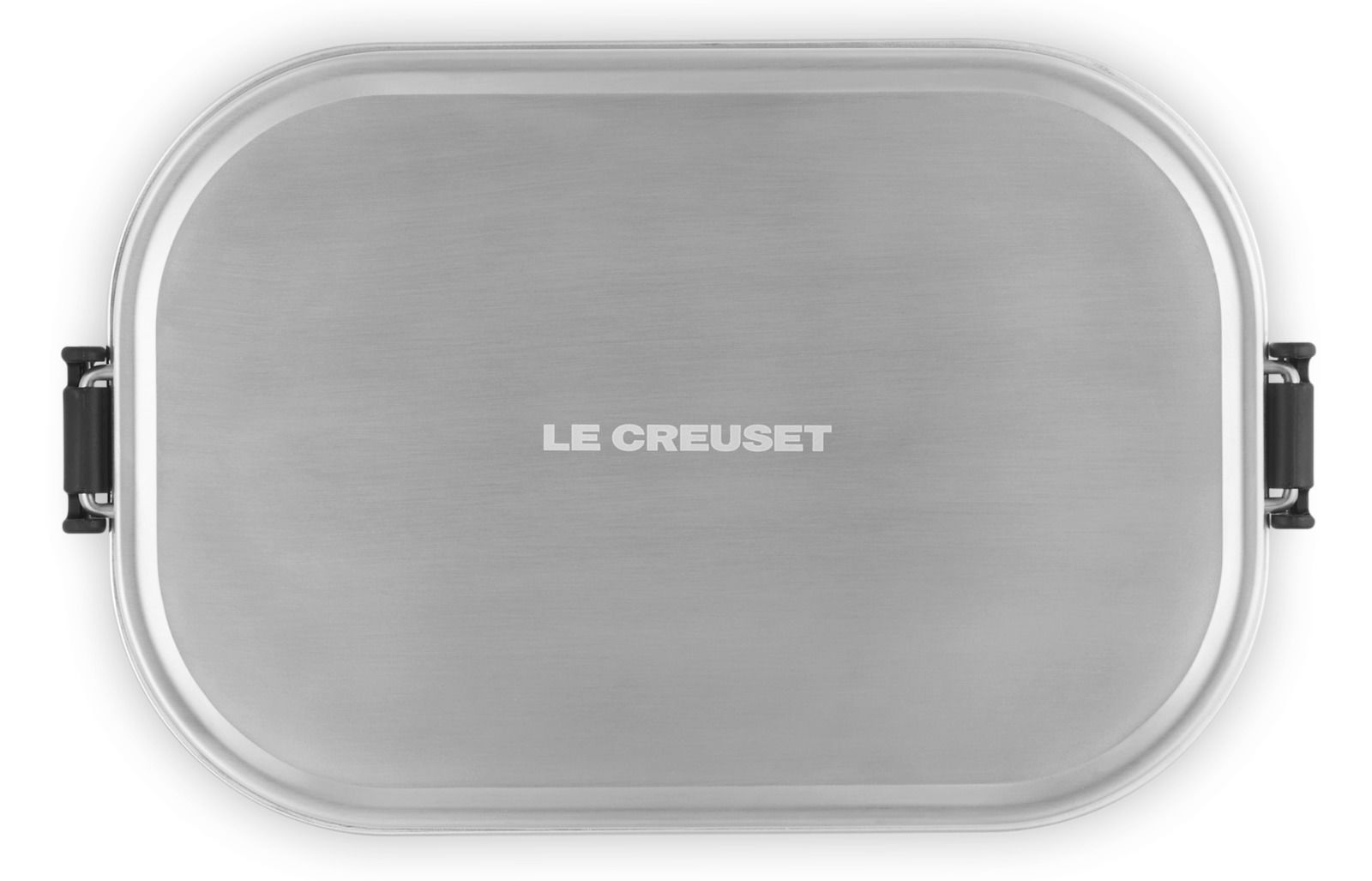 Obenansicht einer matt schwarzen Lunchbox mit silbernem Deckel und Le Creuset Logo.