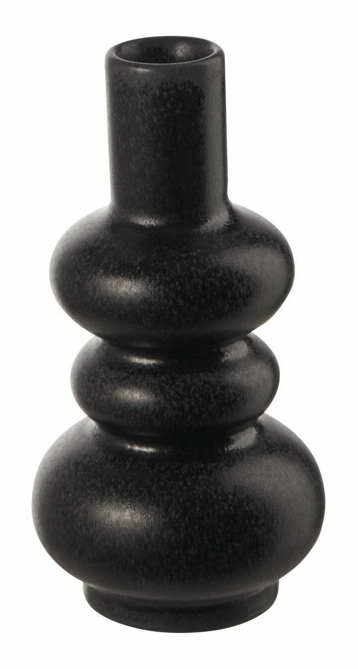 Schwarze Eisenvase mit geschwungenem Design, seitliche Perspektive