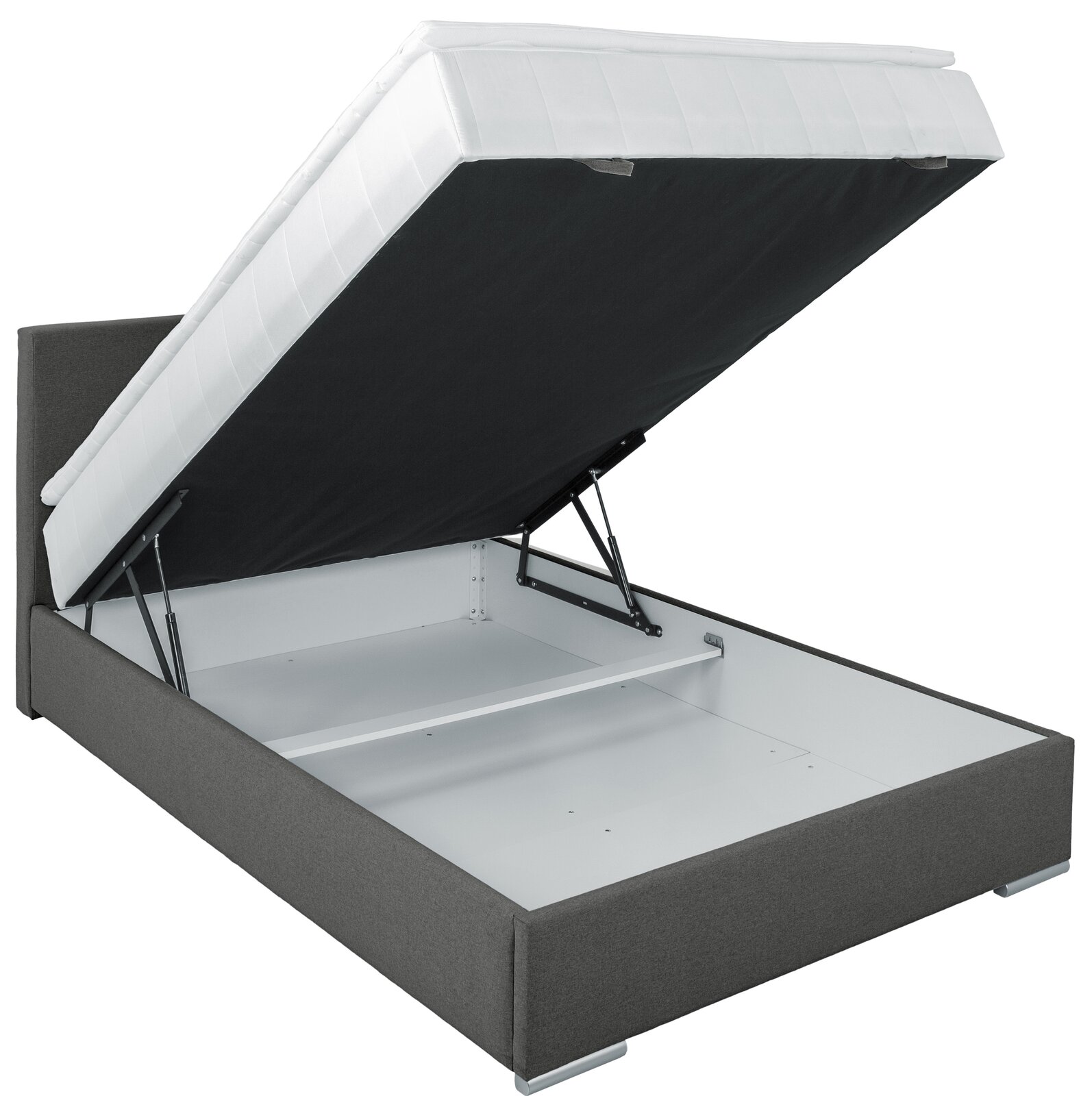 Boxbett 140 mit geöffnetem Bettkasten, seitliche Perspektive