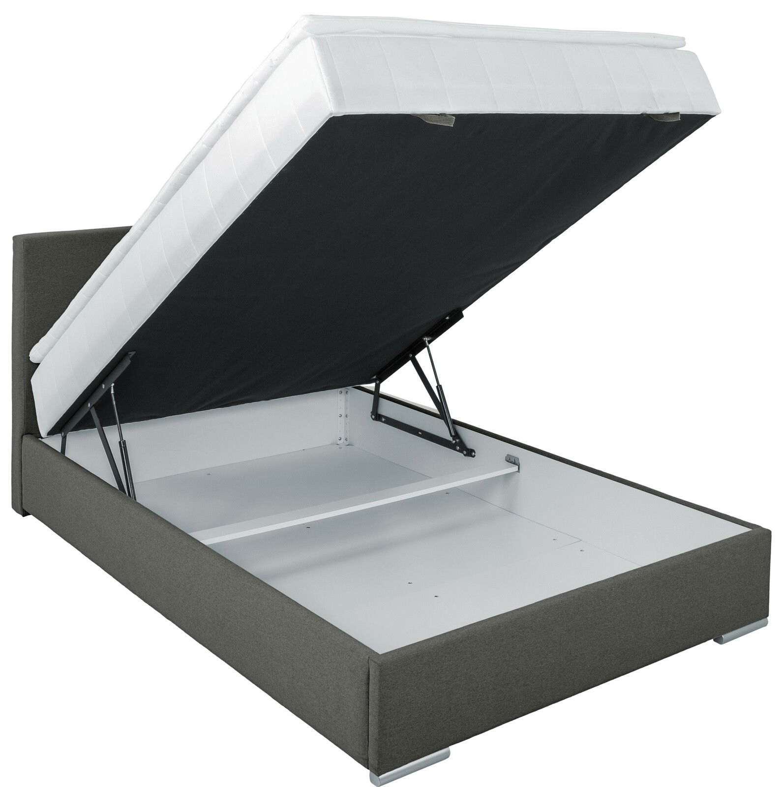 Boxbett 140 mit geöffnetem Bettkasten, seitliche Perspektive