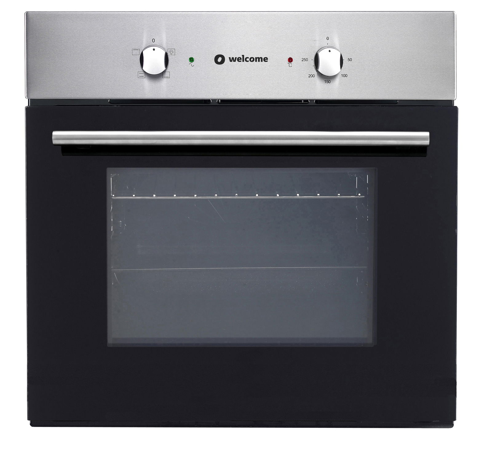 Frontansicht eines modernen Einbaubackofens mit Edelstahlblende und zwei Drehknöpfen.