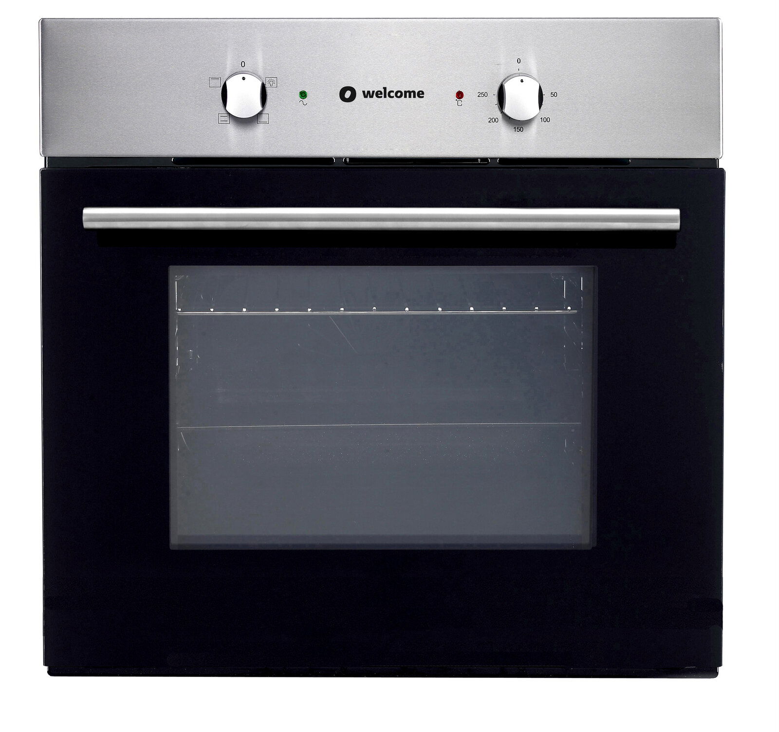Frontansicht eines modernen Einbaubackofens mit Edelstahlblende und zwei Drehknöpfen.