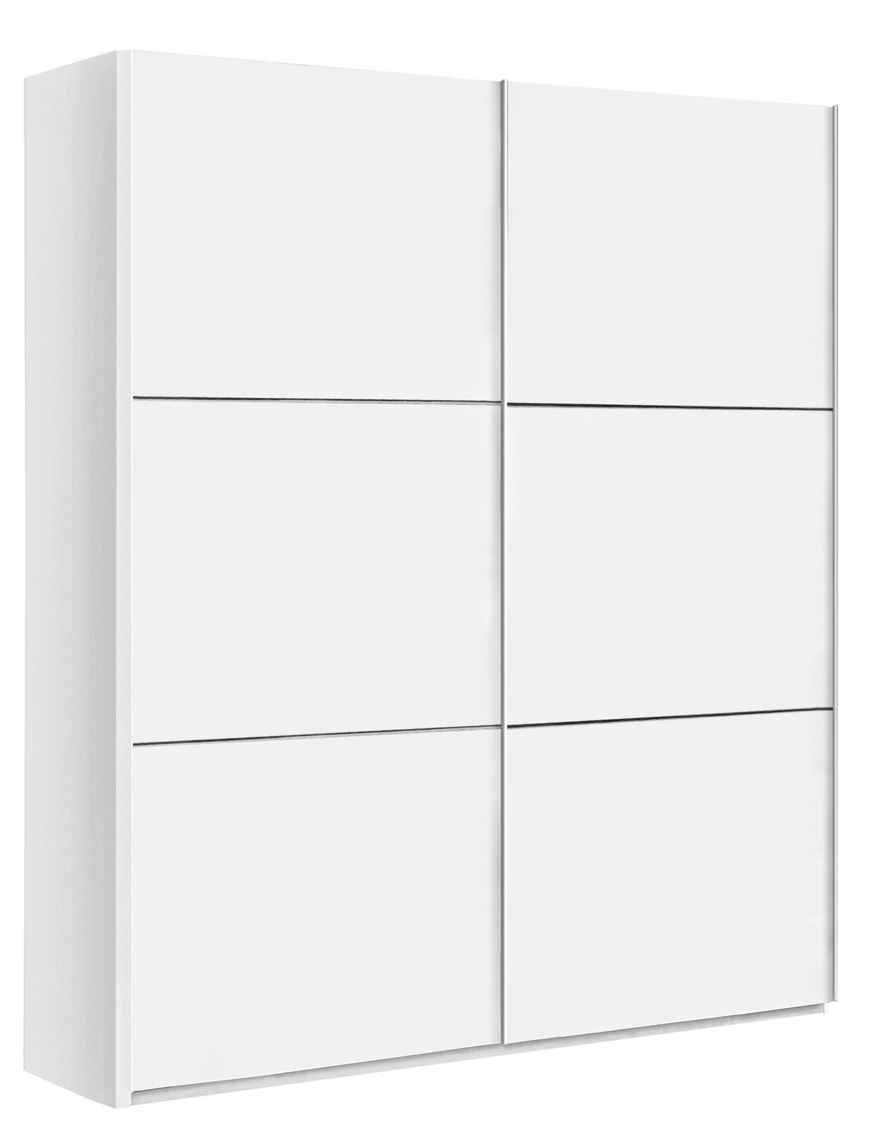 Moderner, weißer Schwebetürenschrank mit zwei Türen, seitliche Perspektive