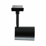 Schwarzer Schienenspot Luxe, seitliche Ansicht, zylindrische Form mit verstellbarem Kopf.