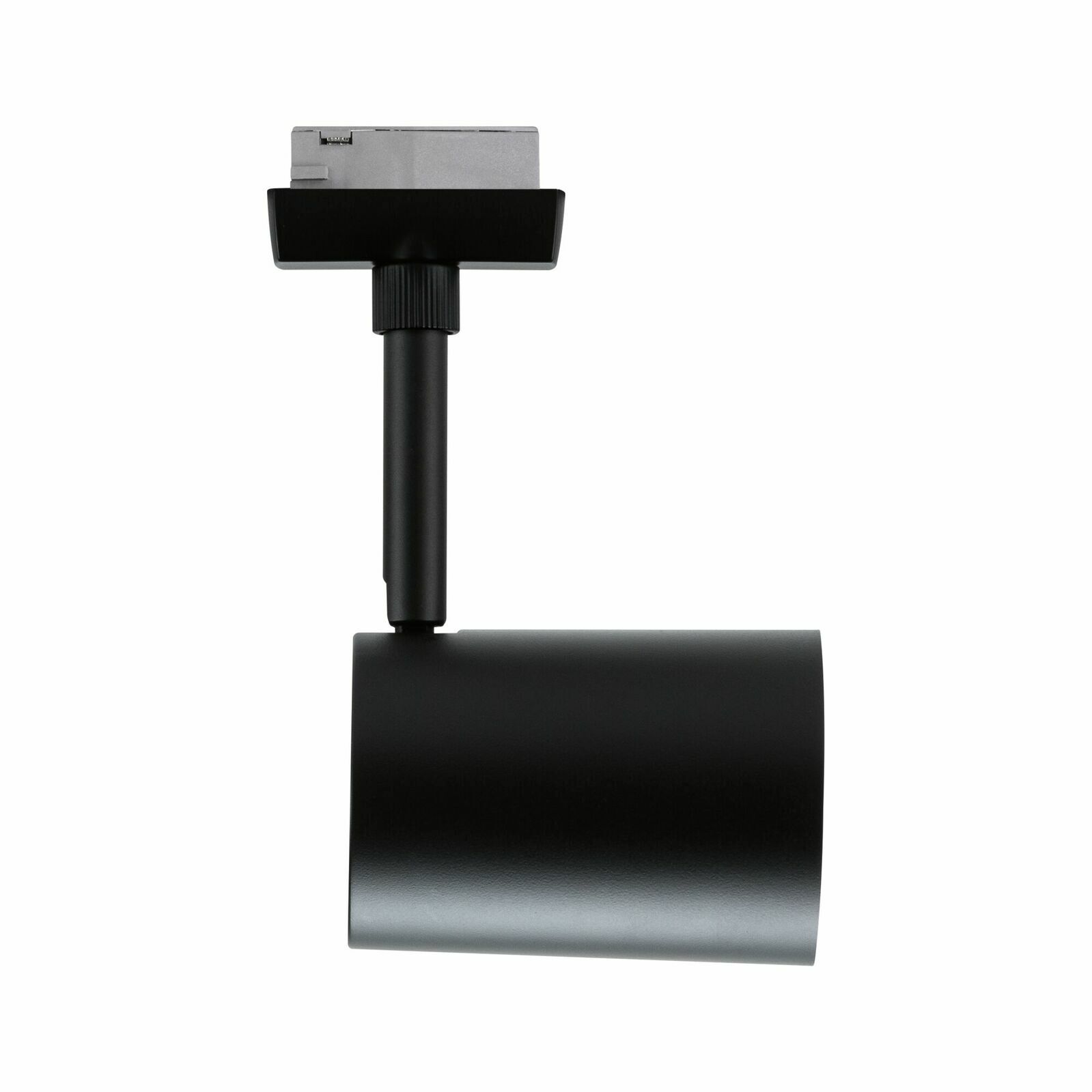 Schwarzer Schienenspot Luxe, seitliche Ansicht, zylindrische Form mit verstellbarem Kopf.