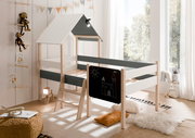 Hausbett für Kinder mit Leiter und Tafel, seitliche Perspektive