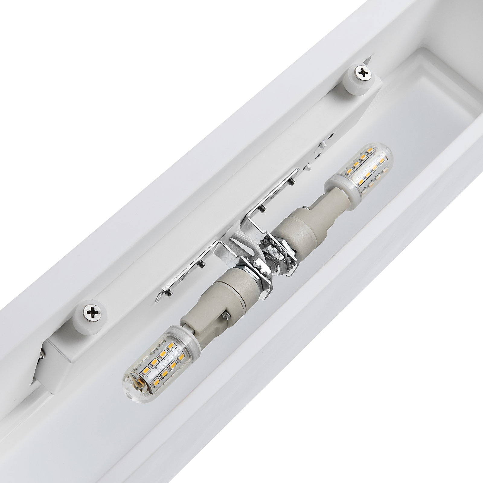 Nahaufnahme einer modernen Wandleuchte mit zwei LED-Lampen, seitliche Perspektive