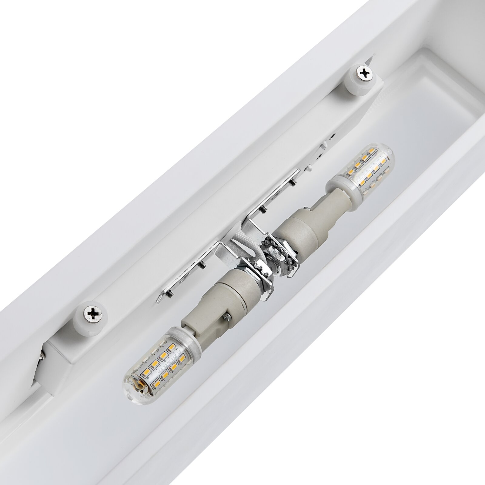 Nahaufnahme einer modernen Wandleuchte mit zwei LED-Lampen, seitliche Perspektive